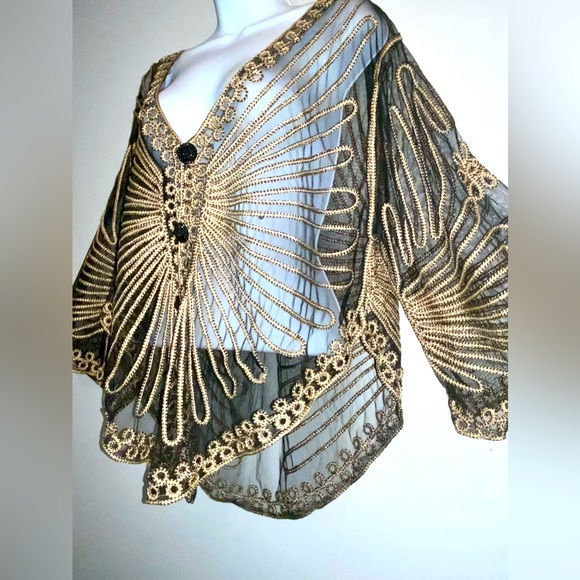 Gorgeous Vintage Black & Gold Embroidered Sheer Retro Poncho OS - Picture 7 of 11